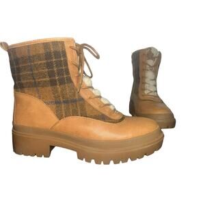 Lucky Brand LP-EDIVE Plaid Faux Fur Lace Up Lug Sole Boots Tan Brown Sz 10